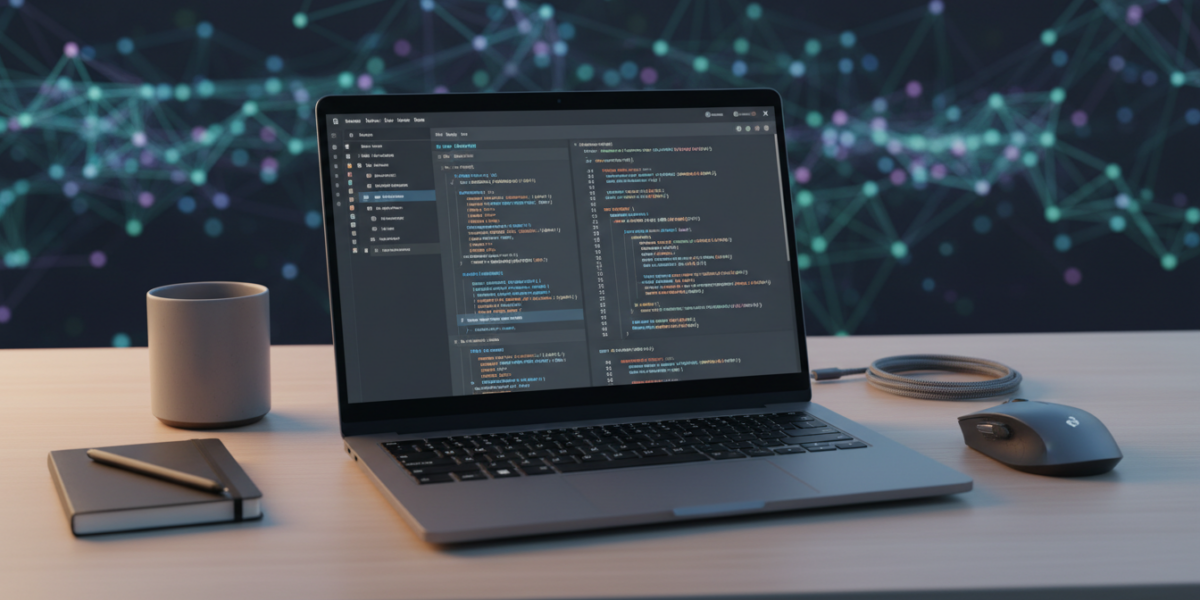 A developer's workspace with a laptop showing workflow code and an abstract representation of connected automation processes.