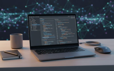 A developer's workspace with a laptop showing workflow code and an abstract representation of connected automation processes.