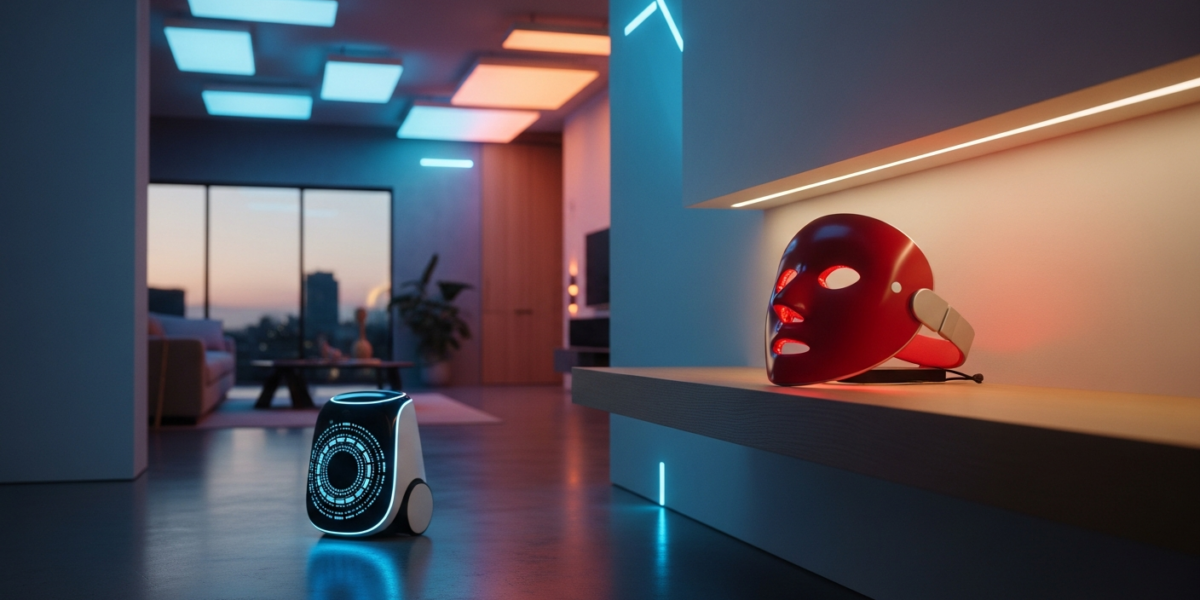 A futuristic smart home interior showcasing Nanoleaf-style lighting, a robotic assistant, and a red light therapy mask, symbolizing the company's pivot.