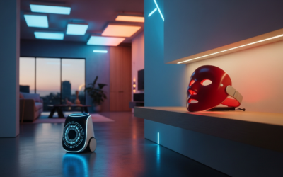 A futuristic smart home interior showcasing Nanoleaf-style lighting, a robotic assistant, and a red light therapy mask, symbolizing the company's pivot.