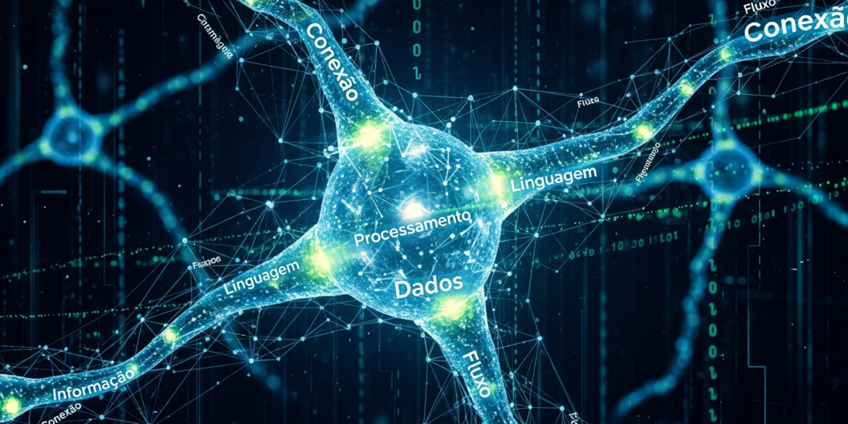 A glowing, abstract neural network diagram with Portuguese text elements, symbolizing advanced language processing.