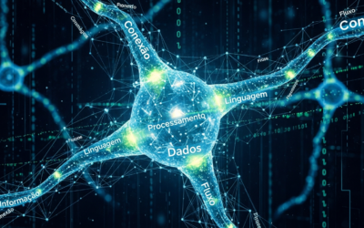 A glowing, abstract neural network diagram with Portuguese text elements, symbolizing advanced language processing.