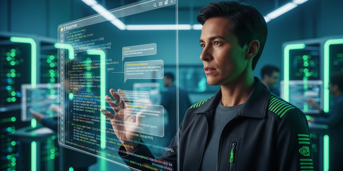 A NVIDIA engineer interacts with a holographic code editor, demonstrating the integration of OpenAI Codex and GPT-5.5 in a futuristic development environment.