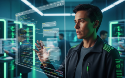 A NVIDIA engineer interacts with a holographic code editor, demonstrating the integration of OpenAI Codex and GPT-5.5 in a futuristic development environment.