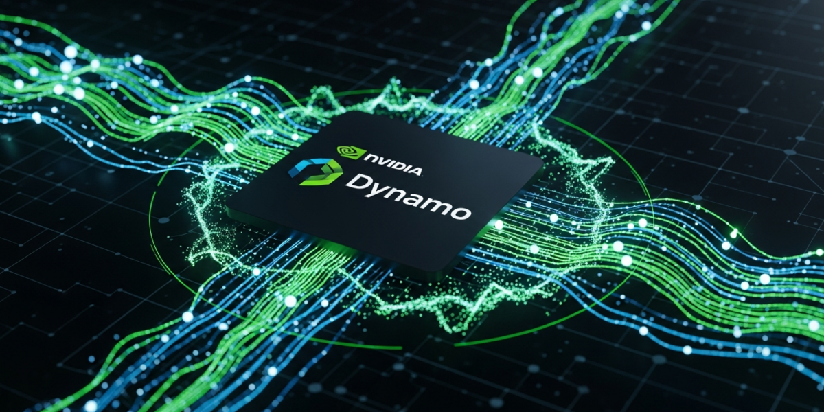 A futuristic image depicting the NVIDIA Dynamo logo at the center of an abstract, glowing network of interconnected nodes and data streams, symbolizing efficient agentic AI inference.