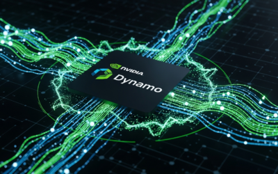 A futuristic image depicting the NVIDIA Dynamo logo at the center of an abstract, glowing network of interconnected nodes and data streams, symbolizing efficient agentic AI inference.