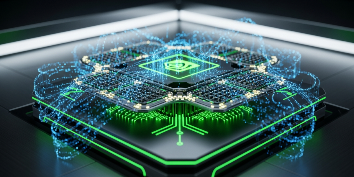 A futuristic, stylized quantum computer with glowing qubits and AI data streams, set in a dark, high-tech lab, representing NVIDIA Ising's role in quantum error correction.