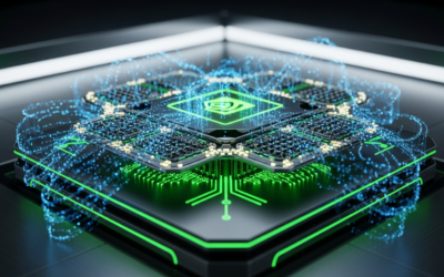 A futuristic, stylized quantum computer with glowing qubits and AI data streams, set in a dark, high-tech lab, representing NVIDIA Ising's role in quantum error correction.