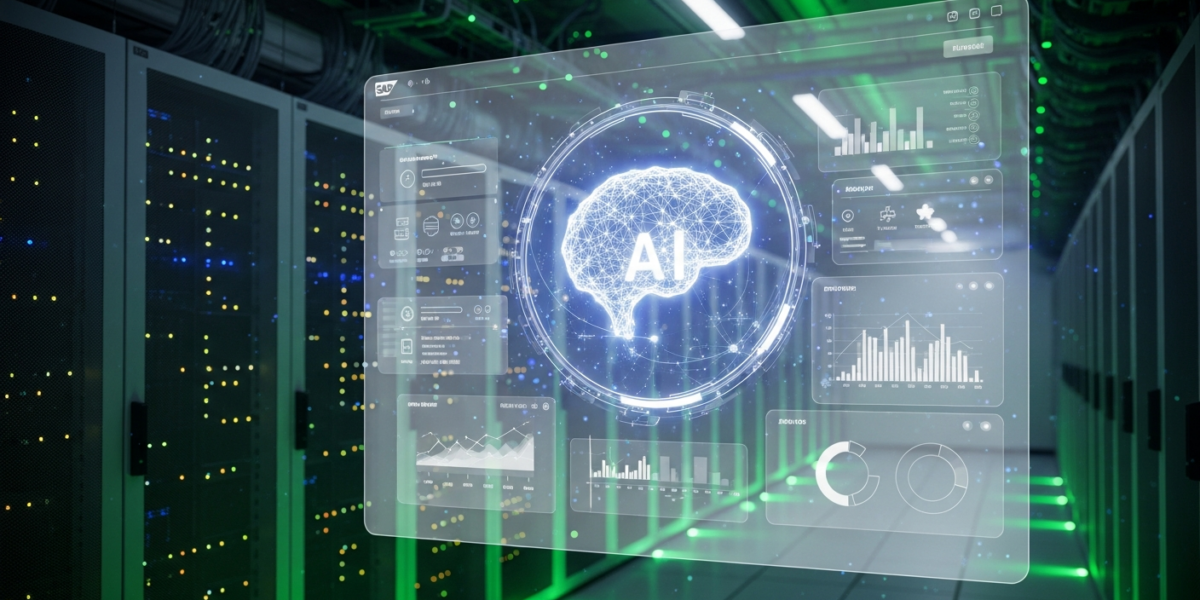 A futuristic AI agent icon on an SAP Fiori interface, symbolizing secure enterprise AI, set against a data center backdrop.