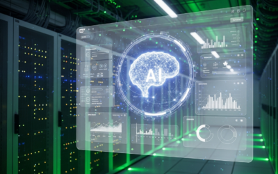 A futuristic AI agent icon on an SAP Fiori interface, symbolizing secure enterprise AI, set against a data center backdrop.
