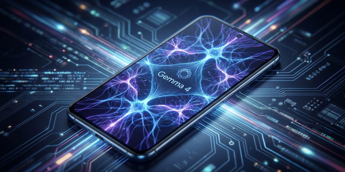 Smartphone displaying Gemma 4 AI neural network visualization for on-device Android development
