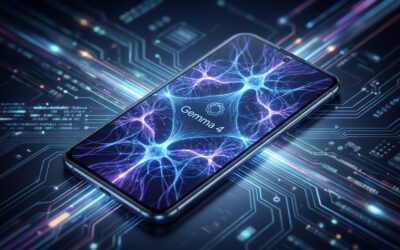 Smartphone displaying Gemma 4 AI neural network visualization for on-device Android development