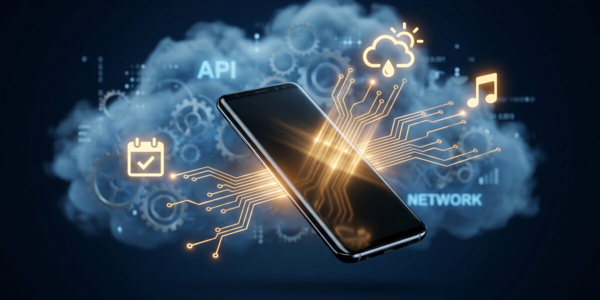 Smartphone with local AI connections to on-device tools versus a background cloud of complex APIs.