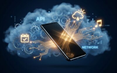 Smartphone with local AI connections to on-device tools versus a background cloud of complex APIs.