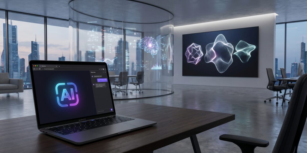 OpenAI workspace setup with laptop and AI-generated visuals, representing innovation and practical AI applications in 2026