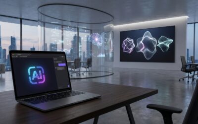OpenAI workspace setup with laptop and AI-generated visuals, representing innovation and practical AI applications in 2026