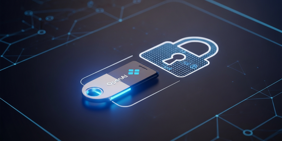 A glowing YubiKey security key integrated into a digital lock icon, representing OpenAI's advanced account security features.
