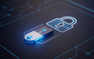 A glowing YubiKey security key integrated into a digital lock icon, representing OpenAI's advanced account security features.