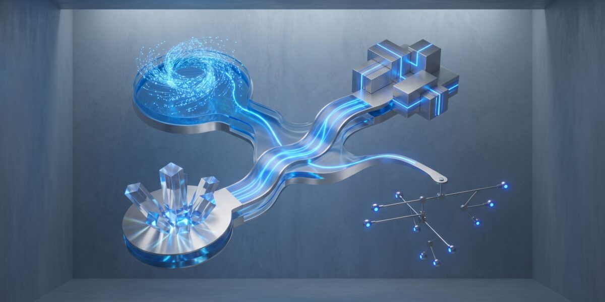 Abstract visualization of OpenAI's orchestrator model managing multiple AI workflows and data streams