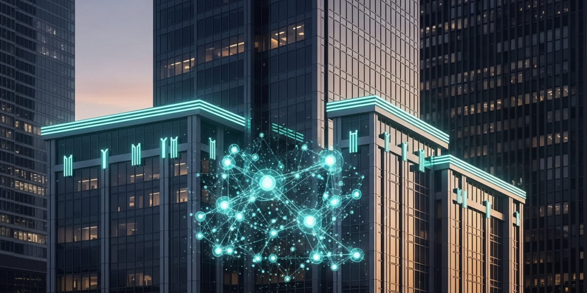 A glowing neural network integrated into a modern office building, symbolizing advanced AI adoption in enterprise.