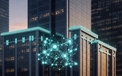 A glowing neural network integrated into a modern office building, symbolizing advanced AI adoption in enterprise.
