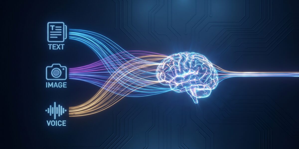 Abstract representation of multimodal AI with interconnected data streams between text, image, and voice elements