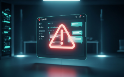 A glowing, stylized chatbot interface with a warning symbol, set in a dimly lit digital environment, representing the serious implications of AI advice.