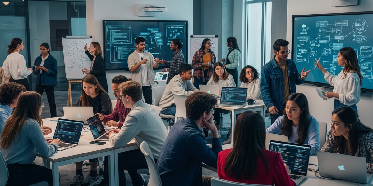 A diverse group of 26 student innovators from the ChatGPT Futures Class of 2026 collaborating in a modern lab, showcasing optimism and innovation.