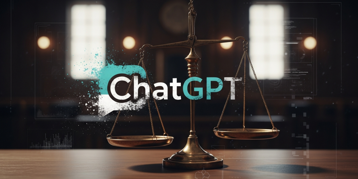 A distressed ChatGPT logo intertwined with scales of justice against a blurred courtroom backdrop, symbolizing the lawsuit against OpenAI.
