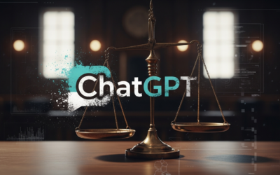 A distressed ChatGPT logo intertwined with scales of justice against a blurred courtroom backdrop, symbolizing the lawsuit against OpenAI.