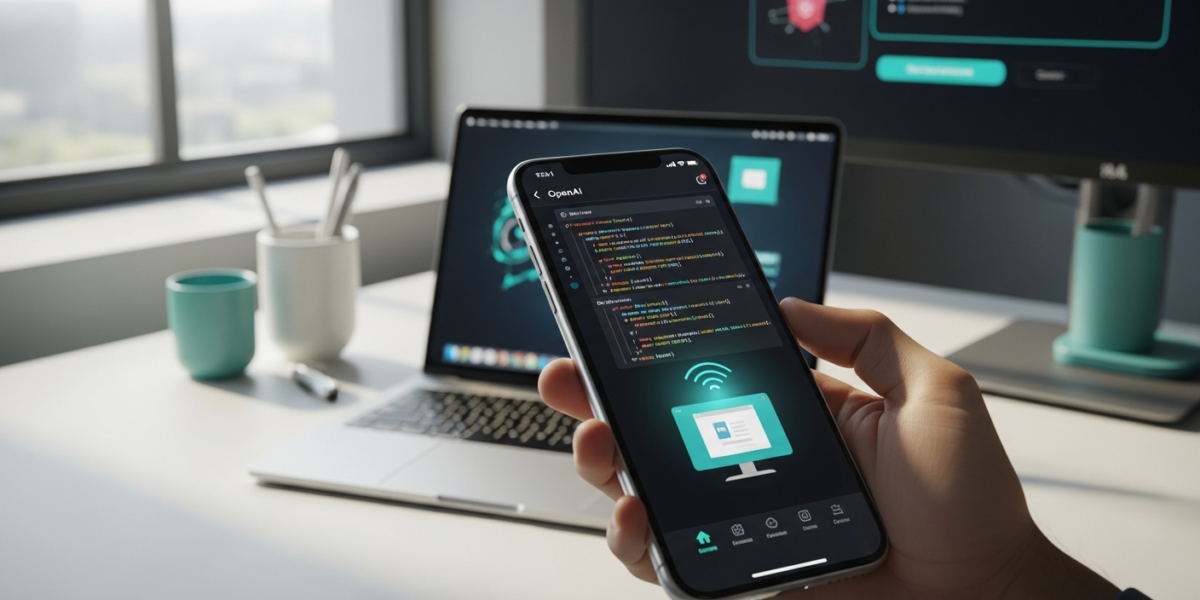 A smartphone displaying code and a desktop UI, with a laptop in the background, illustrating remote control of OpenAI's Codex via the ChatGPT mobile app.