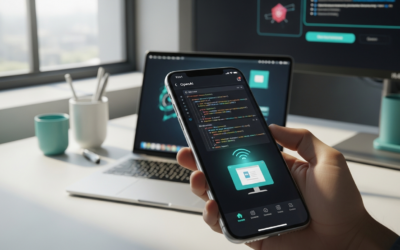 A smartphone displaying code and a desktop UI, with a laptop in the background, illustrating remote control of OpenAI's Codex via the ChatGPT mobile app.