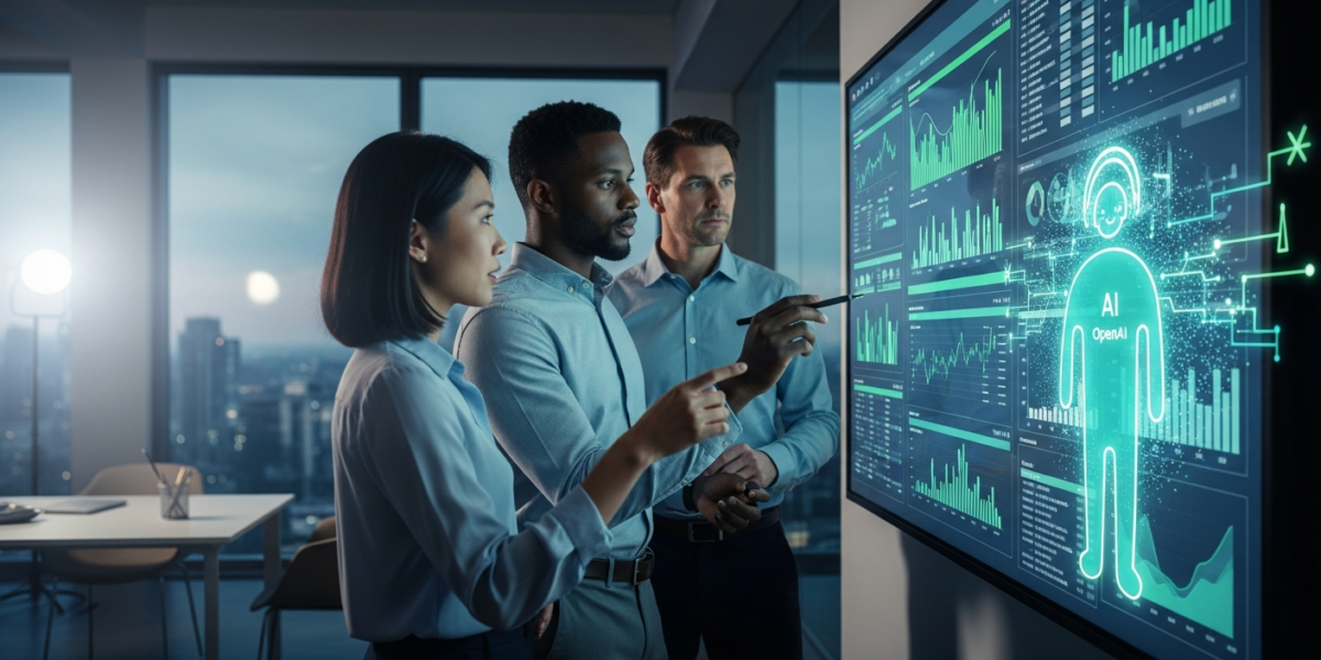 A diverse finance team collaborates around a digital display showing financial reports, with a glowing AI agent interface assisting them.