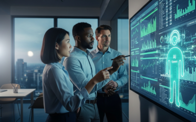 A diverse finance team collaborates around a digital display showing financial reports, with a glowing AI agent interface assisting them.