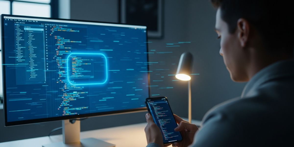 A developer uses a smartphone to remotely control an AI coding assistant, Codex, on a large monitor in a modern office setting.