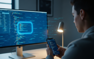 A developer uses a smartphone to remotely control an AI coding assistant, Codex, on a large monitor in a modern office setting.