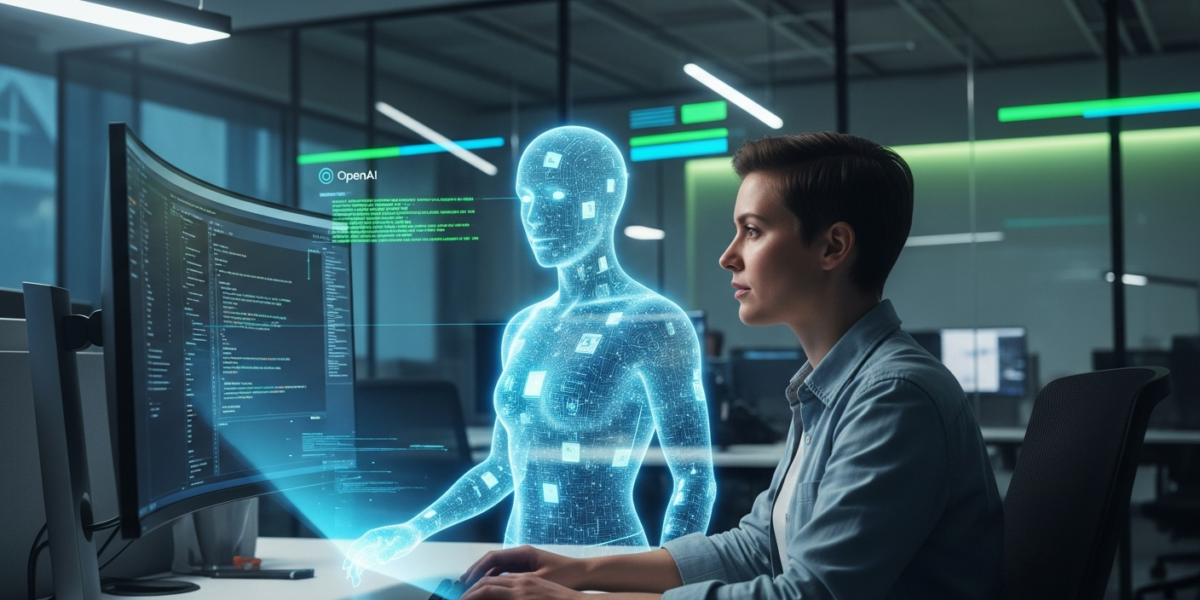 A software developer collaborating with a holographic AI agent interface in a modern office, representing the integration of OpenAI Codex into development workflows.