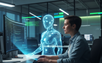 A software developer collaborating with a holographic AI agent interface in a modern office, representing the integration of OpenAI Codex into development workflows.
