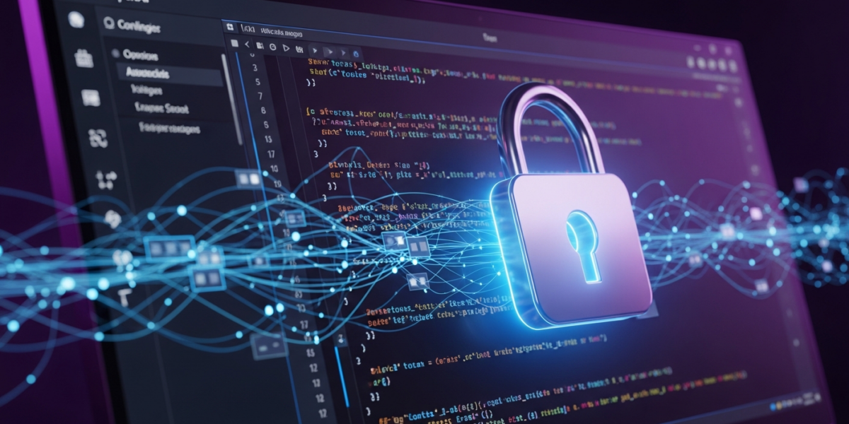 A secure, glowing code editor interface on a Windows desktop with a padlock icon, representing OpenAI's Codex sandbox for safe code execution.