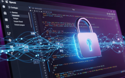 A secure, glowing code editor interface on a Windows desktop with a padlock icon, representing OpenAI's Codex sandbox for safe code execution.