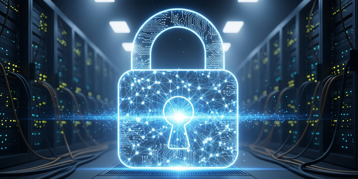 A glowing digital padlock with an AI neural network overlay, symbolizing advanced cybersecurity, in a dark server room.