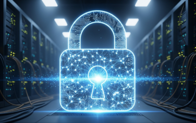 A glowing digital padlock with an AI neural network overlay, symbolizing advanced cybersecurity, in a dark server room.