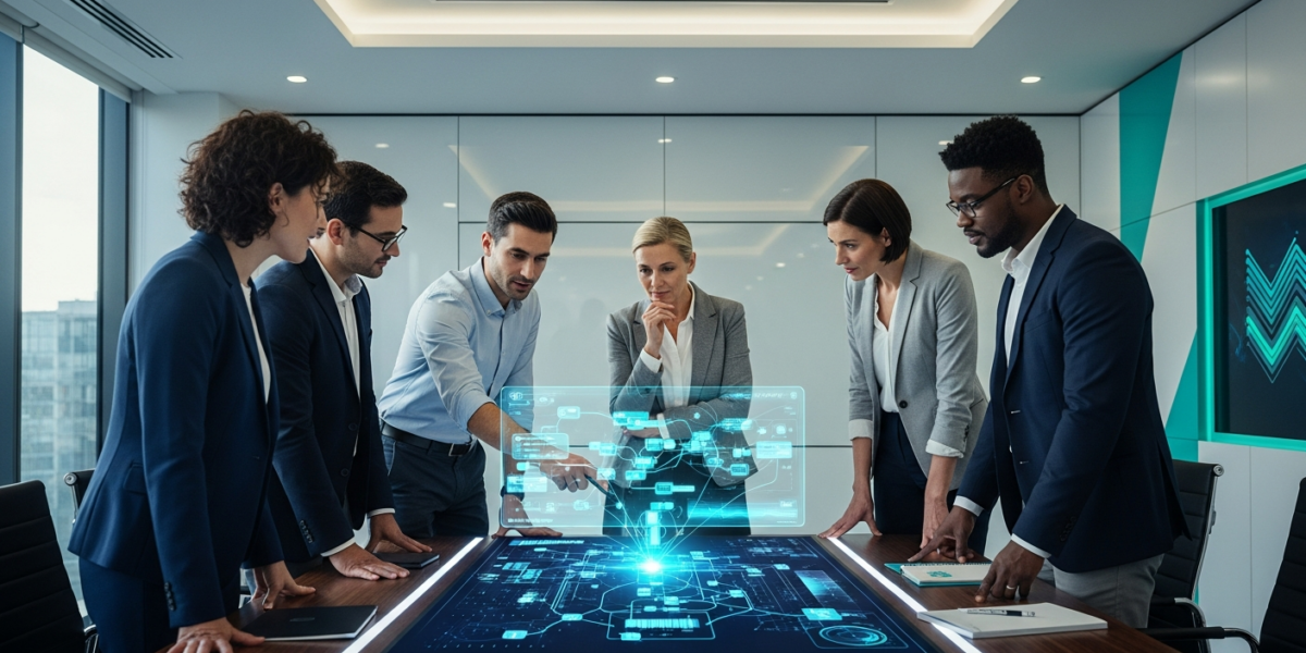 A team of diverse professionals, including engineers and business leaders, collaborating intently in a modern boardroom, discussing AI integration into business workflows.