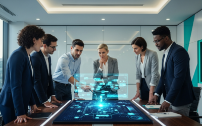 A team of diverse professionals, including engineers and business leaders, collaborating intently in a modern boardroom, discussing AI integration into business workflows.