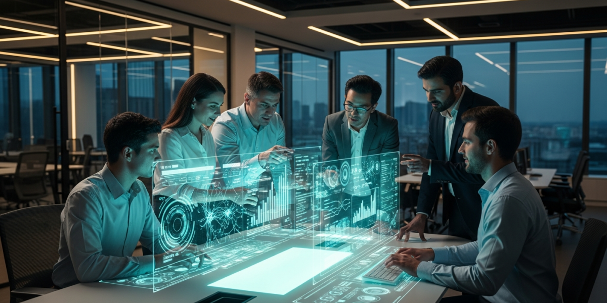 A diverse team of professionals collaborating around a holographic AI interface in a modern office, representing enterprise AI scaling.