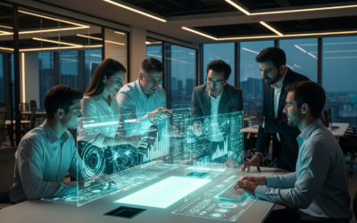 A diverse team of professionals collaborating around a holographic AI interface in a modern office, representing enterprise AI scaling.