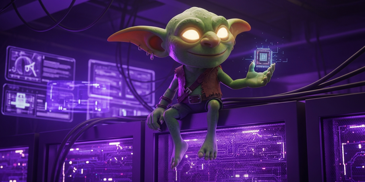 A stylized, friendly goblin character sits on a server rack in a data center, holding a glowing chip, representing OpenAI's explanation of GPT-5's unexpected 'goblin' metaphors.