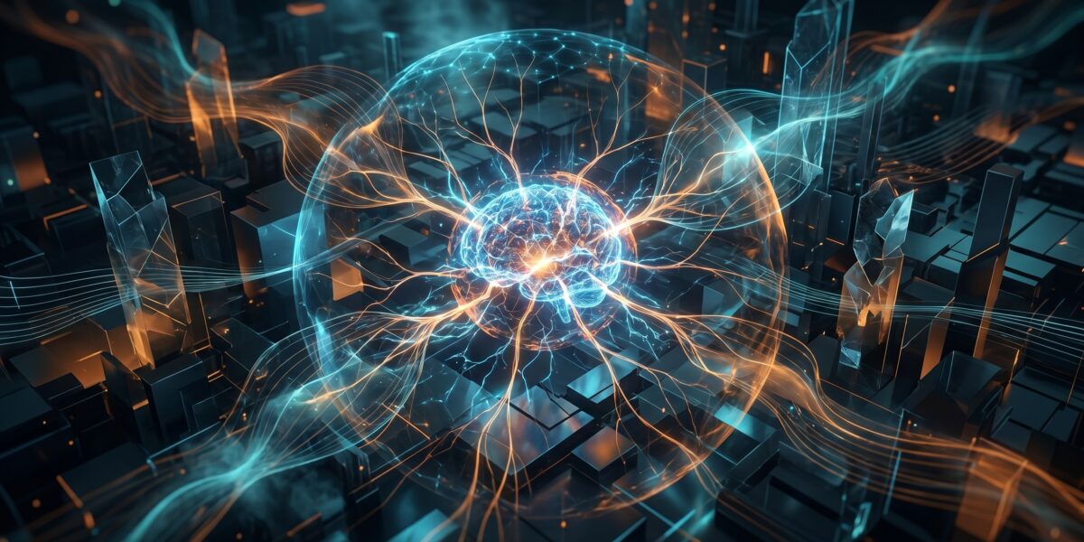Abstract digital art depicting AI-driven cybersecurity protection.