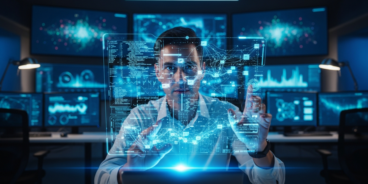 A cybersecurity professional interacts with a holographic AI interface displaying code in a futuristic operations center.