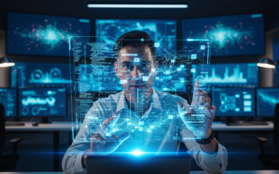 A cybersecurity professional interacts with a holographic AI interface displaying code in a futuristic operations center.
